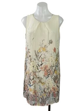 MAX Women's Beige Sleeveless Floral Pleated Crew Neck Mini Shift Dress Size 10